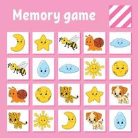 Memory game for kids. Education developing worksheet. Activity page with pictures. Puzzle game for children. Logical thinking training. Isolated vector illustration. Funny character. Cartoon style.