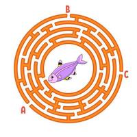 Circle maze. Game for kids. Fish. Puzzle for children. Round labyrinth conundrum. Color vector illustration. Find the right path. Education worksheet.