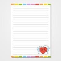 Sheet template for notebook, notepad, diary. Lined paper. Cute character heart. With a color image. Isolated vector illustration. Cartoon style.