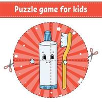Cut and play. Round puzzle. Toothpaste Tube With Toothbrush. Logic puzzle for kids. Activity page. Cutting practice for preschool. Cartoon character. vector