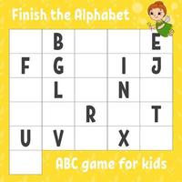 Finish the alphabet. ABC game for kids. Education developing worksheet. Learning game for kids. Color activity page. vector