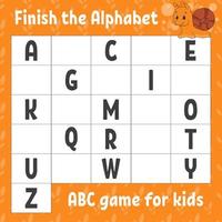 Finish the alphabet. ABC game for kids. Education developing worksheet. Learning game for kids. Color activity page. vector