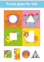 Puzzle game for kids. Cut and paste. Cutting practice. Learning shapes. Education worksheet. Circle, square, rectangle, triangle. Activity page.Cartoon character. vector