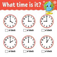 aprender el tiempo en el reloj. hoja de trabajo de actividades educativas para niños y niños pequeños. juego para niños. Ilustración de vector de color aislado plano simple en estilo de dibujos animados lindo.