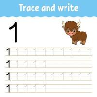 Trace and write. Handwriting practice. Learning numbers for kids. Education developing worksheet. Color activity page. Isolated vector illustration in cute cartoon style.