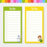 To do list for kids. Empty template. The rectangular shape. Isolated color vector illustration. Funny character. Cartoon style. For the diary, notebook, bookmark.