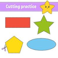 Cutting practice for kids. Education developing worksheet. Activity page with pictures. Color game for children. Isolated vector illustration. Funny character. Cartoon style.