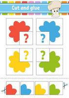 Cut and glue. Four flash cards. Color puzzle. Education developing worksheet. Activity page. Game for children. Funny character. Isolated vector illustration. Cartoon style.