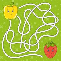 Vegetable pepper, strawberry. Maze. Game for kids. Labyrinth conundrum. Education developing worksheet. Puzzle for children. Activity page. Cartoon character. Color vector illustration.