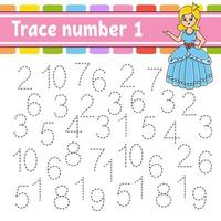 Trace number 1. Handwriting practice. Learning numbers for kids. Education developing worksheet. Activity page. Game for toddlers and preschoolers. Isolated vector illustration in cute cartoon style.