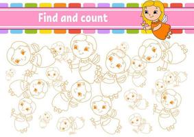 Find and count. Tooth Fairy. Education developing worksheet. Activity page. Puzzle game for children. Logical thinking training. Isolated vector illustration. Cartoon character.