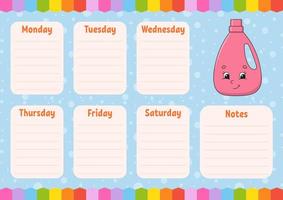 School schedule. Timetable for schoolboys. Empty template. Weekly planer with notes. Isolated color vector illustration. Cartoon character.