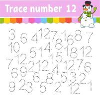 Trace number . Handwriting practice. Learning numbers for kids. Education developing worksheet. Activity page. Game for toddlers and preschoolers. Isolated vector illustration in cute cartoon style.