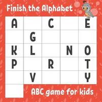 Finish the alphabet. ABC game for kids. Education developing worksheet. Learning game for kids. Color activity page. vector