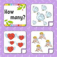 Counting game for children. Happy characters. Learning mathematics. How many object in the picture. Education worksheet. With space for answers. Isolated vector illustration in cute cartoon style.