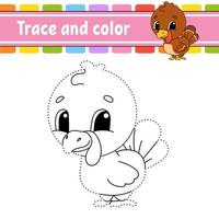 Trace and color. Turkey bird. Coloring page for kids. Handwriting practice. Education developing worksheet. Activity page. Game for toddlers. Isolated vector illustration. Cartoon style.