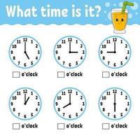 Learning time on the clock. Educational activity worksheet for kids and toddlers. Glass juice. Game for children. Simple flat isolated color vector illustration in cute cartoon style.