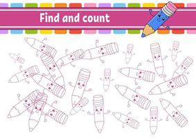 Find and count. Funny pencil. Education developing worksheet. Activity page. Puzzle game for children. Logical thinking training. Isolated vector illustration. Cartoon character.