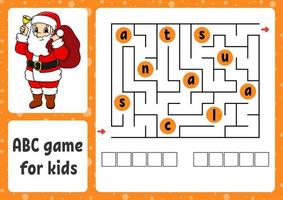 ABC maze for kids. Rectangle labyrinth. Christmas theme. Activity worksheet. Puzzle for children. Cartoon style. Logical conundrum. Color vector illustration.