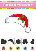 Find the correct shadow. Education developing worksheet. Christmas theme. Activity page. Color game for children. Isolated vector illustration. Cartoon character.