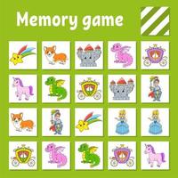 juego de memoria para niños. hoja de trabajo de desarrollo educativo. página de actividades con imágenes. juego de rompecabezas para niños. entrenamiento del pensamiento lógico. ilustración vectorial aislada. personaje divertido. estilo de dibujos animados. vector