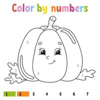 Color by numbers pumpkin. Coloring book for kids. Vegetable character. Vector illustration. Cute cartoon style. Hand drawn. Worksheet page for children. Isolated on white background.