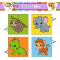 Cut and play. Flash cards. Color puzzle. Education developing worksheet. Activity page. Game for children. Funny character. Isolated vector illustration. Cartoon style.