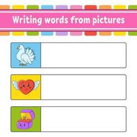 Writing words from pictures. Dove, heart, ring box. Education developing worksheet. Activity page for kids. Puzzle for children. Isolated vector illustration. Cartoon characters.