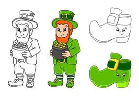 Set coloring page for kids. St. Patrick's Day. Leprechaun with a pot of gold, boot. Cute cartoon characters. Black stroke. Vector illustration. With sample.