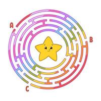 Circle maze. Game for kids. Puzzle for children. Round labyrinth conundrum. Color vector illustration. Find the right path. Education worksheet.