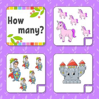 Counting game for children. Happy characters. Learning mathematics. How many object in the picture. Education worksheet. With space for answers. Isolated vector illustration in cute cartoon style.