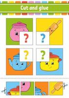 Cut and glue. Set flash cards. Color puzzle. Education developing worksheet. Activity page. Game for children. Funny character. Isolated vector illustration. Cartoon style.