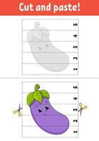 Learning numbers 1-5. Cut and glue. Eggplant character. Education developing worksheet. Game for kids. Activity page. Color isolated vector illustration. Cartoon style.