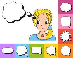 Set of speech bubbles of different shapes. With a cute cartoon character. Beautiful cute fashionable girl with jewelry. Vector illustration. Comic style.