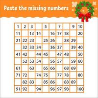 Paste the missing numbers from 1 to 100. Handwriting practice. Learning numbers for kids. Education developing worksheet. Activity page. Game for children. Isolated vector illustration.