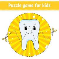 Cut and play. Round puzzle. Healthy tooth. Logic puzzle for kids. Activity page. Cutting practice for preschool. Cartoon character. vector