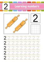 Number 2. Trace and write. Handwriting practice. Learning numbers for kids. Education developing worksheet. Activity page. Isolated vector illustration in cute cartoon style.