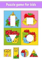 Puzzle game for kids. Cut and paste. Christmas theme. Cutting practice. Learning shapes. Education worksheet. Circle, square, rectangle, triangle. Activity page. Cartoon character. vector