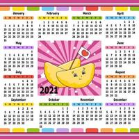 Calendar for 2021 with a cute character. Fun and bright design. Isolated color vector illustration. Cartoon style.