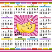 calendario para 2021 con un lindo personaje. diseño divertido y brillante. Ilustración de vector de color aislado. estilo de dibujos animados.