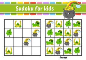 Sudoku for kids. Education developing worksheet. Cartoon character. Color activity page. Puzzle game for children. Logical thinking training. Isolated vector illustration. St. Patrick's day.