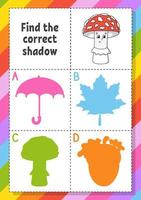 Find the correct shadow. Education developing worksheet for kids. Puzzle game. Activity page. Cartoon character. Autumn theme. vector