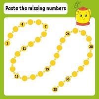 Paste the missing numbers. Handwriting practice. Learning numbers for kids. Education developing worksheet. Color activity page. Game for children. Isolated vector illustration in cartoon style.