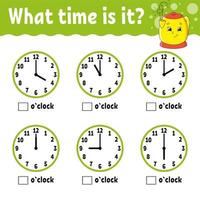 Learning time on the clock. Kitchen kettle. Educational activity worksheet for kids and toddlers. Game for children. Simple flat isolated color vector illustration in cute cartoon style.