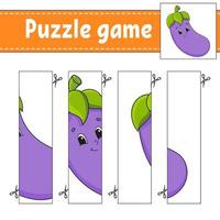 Puzzle game for kids. Vegetable eggplant. Cutting practice. Education developing worksheet. Activity page.Cartoon character. vector