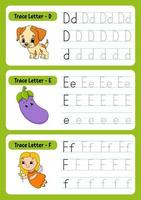 Writing letters. Tracing page. Practice sheet. Worksheet for kids. exercise for preschools. Learn alphabet. Cute characters. Vector illustration. Cartoon style.