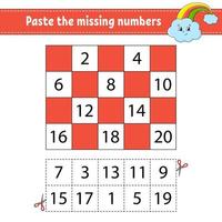 Paste the missing numbers 1-20. Game for children. Handwriting practice. Learning numbers for kids. Education developing worksheet. Activity page. Isolated vector illustration in cute cartoon style.