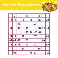 Paste the missing numbers from 1 to 100. Handwriting practice. Learning numbers for kids. Education developing worksheet. Game for children. Isolated vector illustration in cute cartoon style.