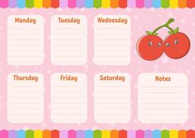 School schedule. Timetable for schoolboys. Empty template. Weekly planer with notes. Isolated color vector illustration. Cartoon character.