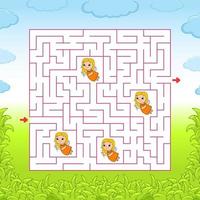 Square maze. Game for kids. Puzzle for children. Labyrinth conundrum. Color vector illustration. Find the right path. Isolated vector illustration. Cartoon character.